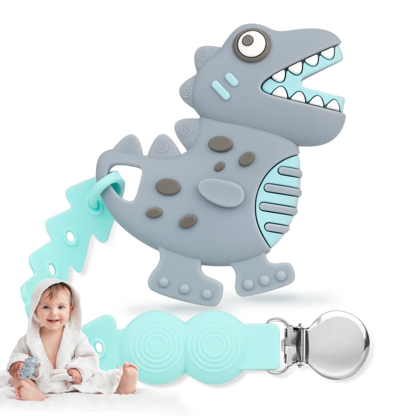 NPET Dinosaur Baby Teether with Pacifier Clip | BPA-Free | 3-12 Months